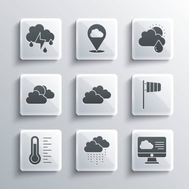 Bulut 'u yağmurla, hava tahmini koni rüzgâr gülüne, Meteoroloji termometresine, Güneş' e ve bulutlara, yıldırıma ve güneş ikonuna ayarlayın. Vektör