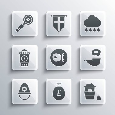 Yarım kiloluk para torbası, paket kahve fincanı, sigara piposu, İngiliz kahvaltısı, polis kaskı, Big Ben kulesi, büyüteç ve bulut yağmur ikonu. Vektör