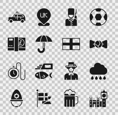 Big Ben kulesi, yağmurlu Bulut, papyon, İngiliz askeri, Şemsiye, sterlin para, taksi arabası ve İngiltere bayrağı ikonu. Vektör