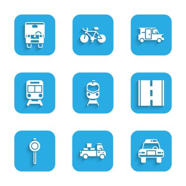 Tren ve demiryolu, teslimat kamyonu, polis arabası teşhircisi, yol, trafik levhası, Minibus ve otobüs ikonu. Vektör