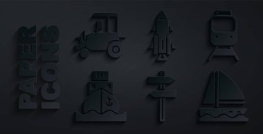 Trafik levhası, tren ve demiryolu, kargo gemisi, yat teknesi, ateşli roket ve çekici ikonu ayarlayın. Vektör