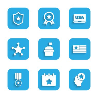 Pasta, takvim ve 4 Temmuz tarihli takvim, ABD başkanı, Amerikan bayrağı, madalyalı yıldız, Hexagram şerifi dizüstü bilgisayarda ve polis rozeti ikonunda. Vektör