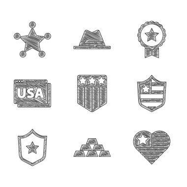 Yıldız, altın külçeli kalkan, ABD Bağımsızlık Günü, polis rozeti, tarayıcı, madalya ve Hexagram şerif ikonu. Vektör