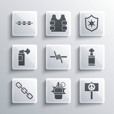 El bombası, barış, dikenli tel, zincir halkası, biber gazı ve polis rozeti ikonu. Vektör