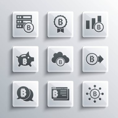 Tarayıcıda Bitcoin, Engelleme teknolojisi, Kripto para birimi bulut madenciliği, Piggy bank bitcoin, Sunucu ve Pie grafik bilgi simgesi ayarlayın. Vektör