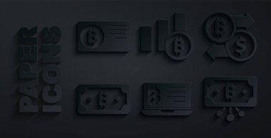 Dizüstü bilgisayardan madencilik bitcoin, kripto para değişimi, devreli Bitcoin, turta grafikleri ve kredi kartı simgesi ayarla. Vektör