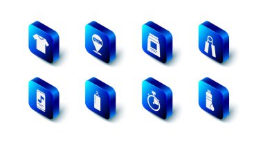 Konum spor salonu, spor beslenme, genişletici, fitness karıştırıcı, Stopwatch, kum torbası, müzik çalar ve tişört ikonu. Vektör