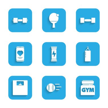 Spor beslenmesi, tenis topu, kum torbası, banyo terazisi, kalp atışlı mobil, Dumbbell ve ikon. Vektör