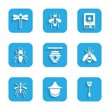 Arılar için Kovan, Arıcı şapkası, Sinek Ezici, Sivrisinek, Karınca, Böcek ve Yusufçuk ikonu hakkında kitap. Vektör