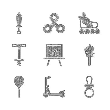 Chalkboard, Scooter, Baby manken emziği, oyuncak at, kurdeleli balonlar, Pogo çubuklu atlama oyuncağı, paten ve kılıç ikonu. Vektör