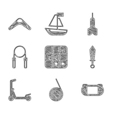 Tic tac toe oyunu, Yoyo oyuncağı, taşınabilir video konsolu, kılıç, scooter, ip atlama, dart oku ve bumerang simgesi. Vektör