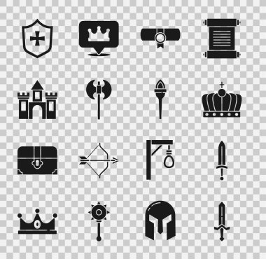 Ortaçağ kılıcı, Kral tacı, ferman, parşömen, parşömen, balta, kale, Kale, Kale ve Alev ikonu. Vektör