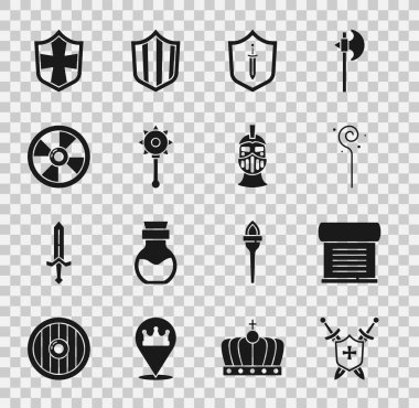 Ortaçağ kalkanını kılıçlarla, kararname, parşömen, parşömen, sihirli asa, zincirli gürz topu, yuvarlak ahşap, kalkan ve demir başlık ikonu ile donatın. Vektör