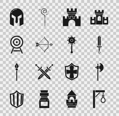 Darağacı, ortaçağ baltası, kılıç, kale, ok ve yay, hedefli demir miğfer ve zincirli top ikonu. Vektör