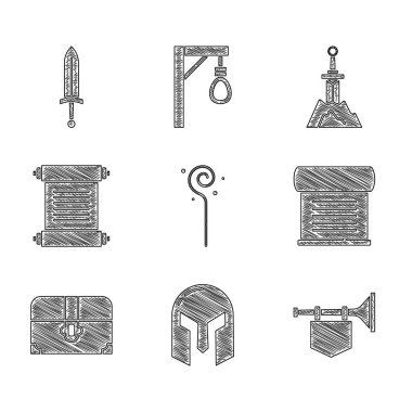 Sihirli değnek, ortaçağ demir miğferi, bayraklı trompet, parşömen, parşömen, parşömen, antik hazine sandığı taşta kılıç ve kılıç ikonu. Vektör