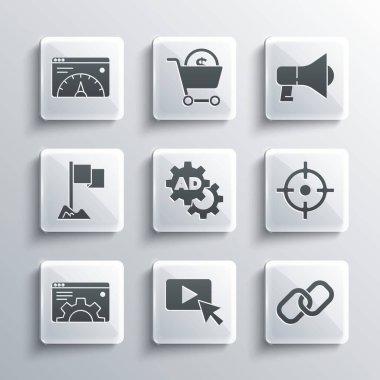 Reklamcılığı, zincir bağlantısını, hedef sporu, tarayıcı ayarını, konum işaretleyicisini, web sitesi istatistiğini ve Megaphone simgesini ayarla. Vektör