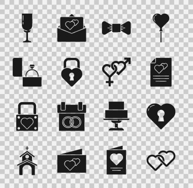 İki Bağlı Kalpler, anahtar deliği, tebrik kartı, papyon, kalp şekli Castle, elmas nişan yüzüğü, şampanya ve cinsiyet ikonu. Vektör