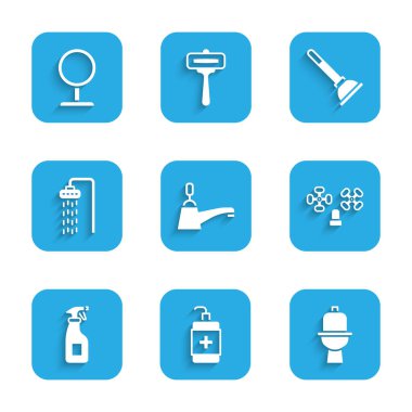 Su musluğu, el dezenfektanı şişesi, klozet, temizlik spreyi, duş, lastik pompa ve yuvarlak makyaj aynası ikonu. Vektör