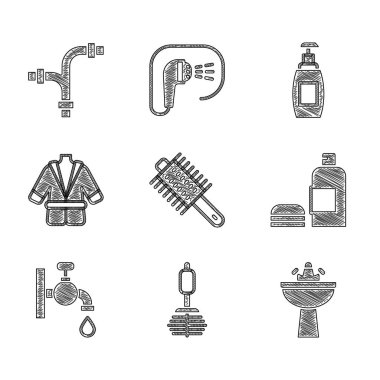 Saç fırçası, tuvalet, lavabo, su musluğu, şampuan şişesi, su, bornoz, sıvı sabun ve endüstriyel metal boru ikonu. Vektör