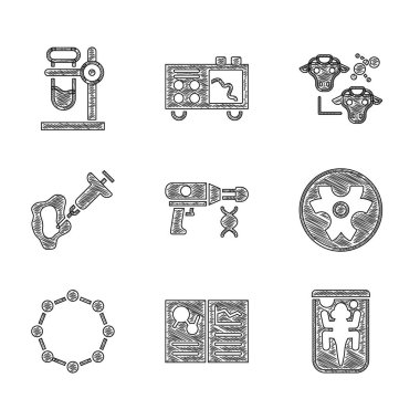 Transfer silahı, klinik kayıt, deneysel hayvan, biyolojik tehlike sembolü, kimyasal formül, şırınga, klonlama ve deney tüpü standının simgesi. Vektör