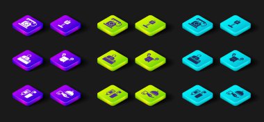 Diş fırçası ve diş macunu, tepsiyle kaplı, otel resepsiyonu, tuvalet kağıdı rulosu, park yeri ve telefon ahizesi simgesi. Vektör