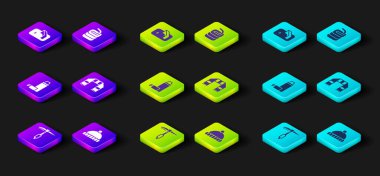 Buz baltası, kış şapkası, termos kabı, atkı, körling ve hokey gol ikonu için taş. Vektör