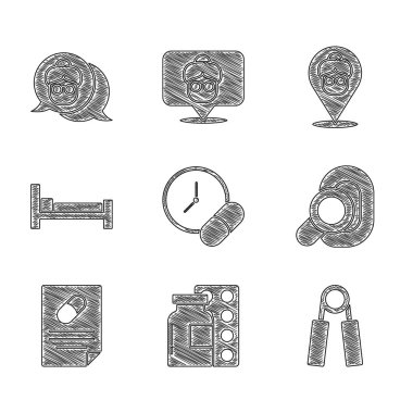 İlaç hapı ya da tablet, hap paketi, spor açıcı, işitme cihazı, tıbbi reçete, Yatak, Bakımevi ve büyükanne ikonu. Vektör