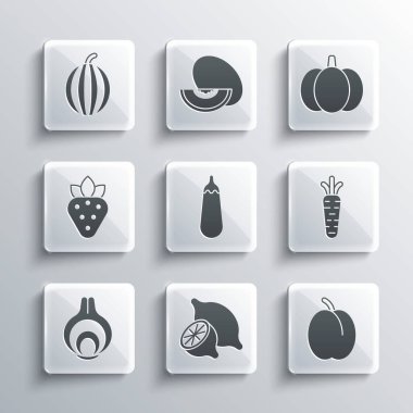 Limon, erik meyvesi, havuç, patlıcan, soğan, çilek, karpuz ve balkabağı ikonu. Vektör