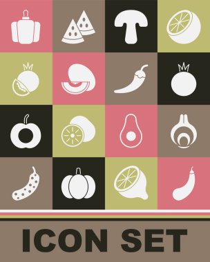 Patlıcan, soğan, domates, mantar, kavun meyvesi, dolmalık biber ve acı biber ikonu. Vektör