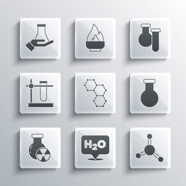 H2O, Molekül, tüp ve matara, radyasyon, stand ve ikon için kimyasal formül ayarlayın. Vektör