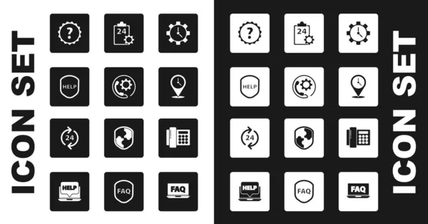 Set Time Management, Telephone 24 시간 지원 , Shield with text Help, Question mark, Location clock, Checklist 서비스, 아이콘. Vector — 스톡 벡터