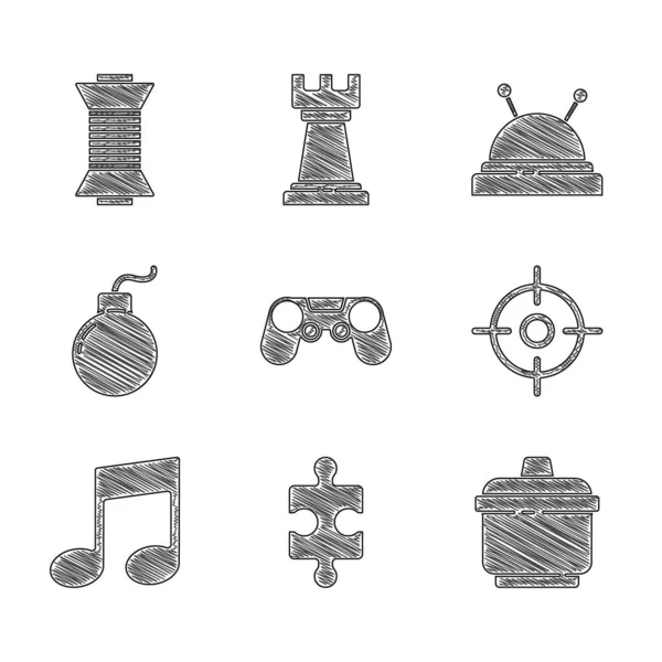 Gamepad, Piece of puzzle, Cooking pot, Target sport, Music note, tone, Bomb ready blast, Needle bed, dol, Sewing thread spool icon. Vector — 스톡 벡터