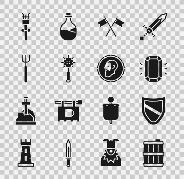 Set Holzfass, Schild, Diamant, Gekreuzte mittelalterliche Fahne, mittelalterlicher Kettenknüppel, Mistgabel, Fackelflamme und antike Münzsymbole. Vektor — Stockvektor