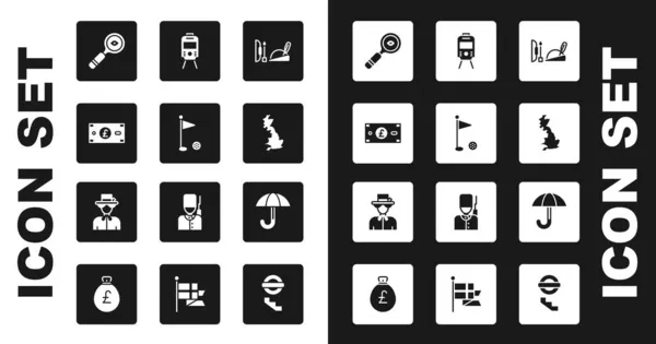 Zet Robin kap hoed, Golf vlag, pond sterling geld, vergrootglas, Engeland kaart, Tram Railway, paraplu en Queen Elizabeth pictogram. Vector — Stockvector