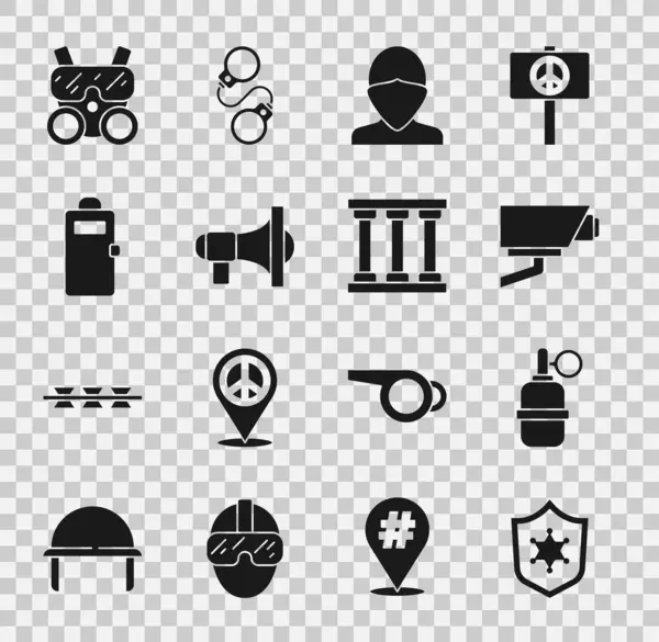 Полицейский значок, ручная граната, камера безопасности, вандал, мегафон, штурмовой щит, противогаз и иконка окна тюрьмы. Вектор — стоковый вектор