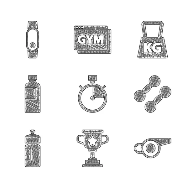 Set Stopwatch, Award cup, Whistle, Dumbbell, Fitness shaker, Weight and Smartwatch icon. Vector — Stock Vector