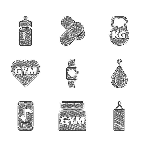 Set Smartwatch, Sportovní výživa, Punching bag, Hudební přehrávač, Fitness tělocvična srdce, Kettlebell a Shaker ikona. Vektor — Stockový vektor