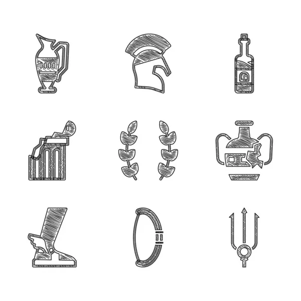 Set corona de laurel, arco medieval, tridente de Neptuno, ánforas rotas, sandalia Hermes, columna antigua, botella de vino e icono antiguo. Vector — Archivo Imágenes Vectoriales
