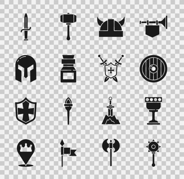 Set Medieval encadenado bola de maza, copa, escudo de madera redonda, casco vikingo con cuernos, botella de veneno, hierro, daga y con icono de espadas. Vector — Vector de stock