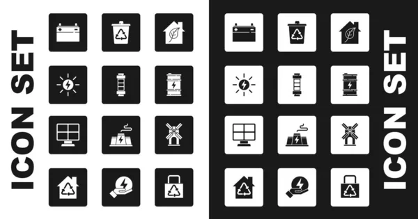 Set Casa ecologica, batteria, pannello a energia solare, batteria per auto, biocarburante, cestino con riciclo, turbina eolica e icona. Vettore — Vettoriale Stock