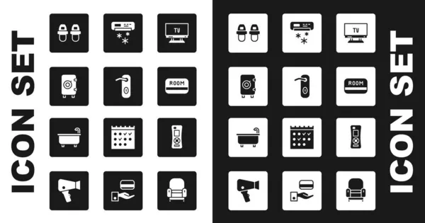 Set Smart-TV, Türgriff, Safe, Hotelpantoffeln, Schlüsselkarte, Klimaanlage, Fernbedienung und Badewannen-Symbol. Vektor — Stockvektor