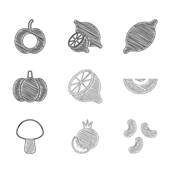Limon, domates, fasulye, kavun meyvesi, mantar, balkabağı ve şeftali ikonu. Vektör — Stok Vektör