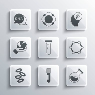 Test tüpü ve matara, molekül, hemoglobin, Dünya 'yı tutan el, DNA sembolü ve ikon içinde yaprak olan insan kafası. Vektör