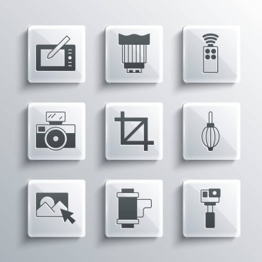 Kamera rulo kartuşu, Action kamera, Toz üfleyici, Resim kırpma fotoğrafı, Fotoğraf rötuşlama, flaş, grafik tablet ve simge için uzaktan kumanda ayarlayın. Vektör