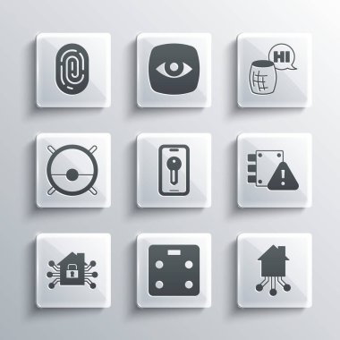 Akıllı banyo terazileri, ev, koruma altındaki ev, anahtar, robot elektrikli süpürge, parmak izi ve ses asistanı ikonu ayarla. Vektör