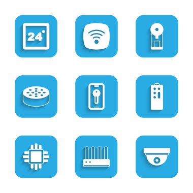 Smart anahtarı, Router ve wi-fi sinyali, hareket sensörü, uzaktan kumanda, işlemci ile işlemci, su, kahve makinesi ve termostat simgesini ayarla. Vektör