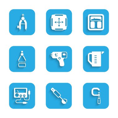 Dijital termometreyi, ölçüm kaşığını, mikrometreyi, bardağı, multimetreyi, voltmetreyi, çizim pusulayı, banyo terazisini ve ikonu ayarla. Vektör