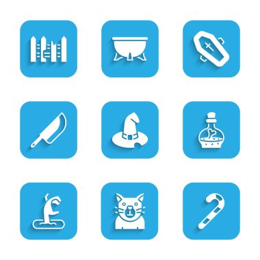 Cadı şapkası, Kedi, Noel şekeri bastonu, iksirli şişe, Zombi eli, Bıçak, Tabut haçı ve Bahçe çiti ahşap ikonu. Vektör