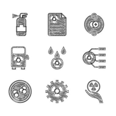 Asit yağmuru, radyoaktif bulut, radyoaktif, molekül, elektrikli araba şarj istasyonu, atom ve yangın söndürme ikonu ayarlayın. Vektör
