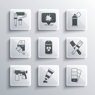 Boya paleti, boya rehberi, boya fırçası, sprey boya kutusu, silah, araba boyası, silindir ve ikon. Vektör